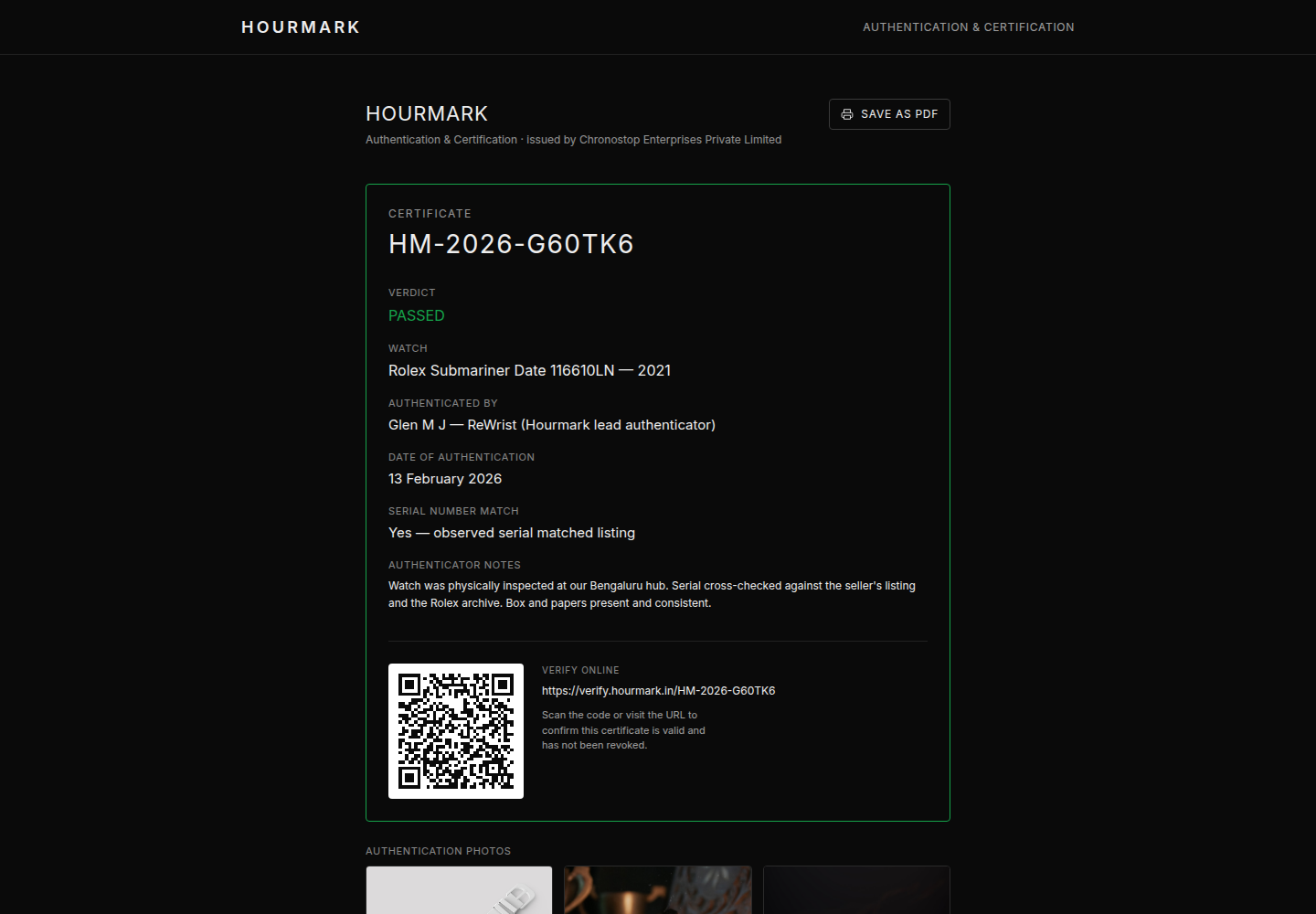 A live Hourmark certificate, verifiable at verify.hourmark.in.